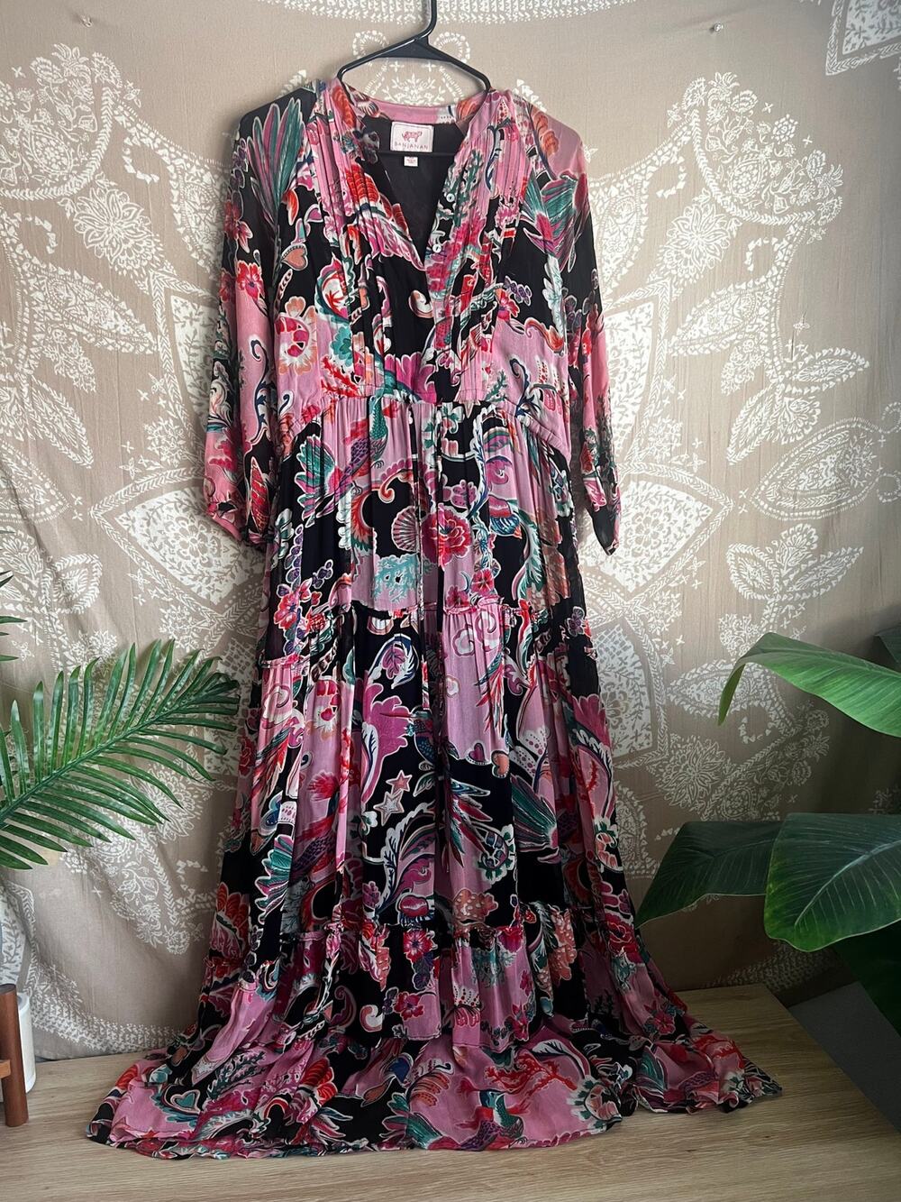 Banjanan Pink and Black Floral Tiered Balloon-Sleeve Maxi Dress Size XS